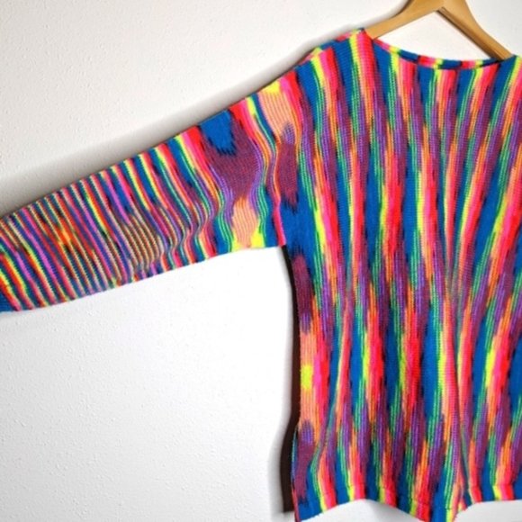 Vintage 80s Handmade Neon Multi Bright Stripe Knit Tunic Sweater - Picture 4 of 12